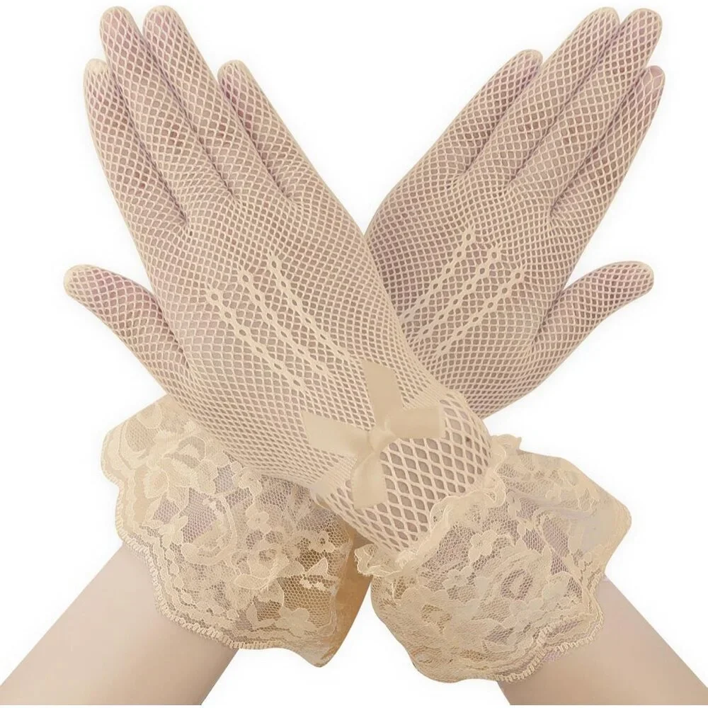 Women's A-Beige Halloween Tea Short Lace Gloves Elegant Bridal Cosplay Party
